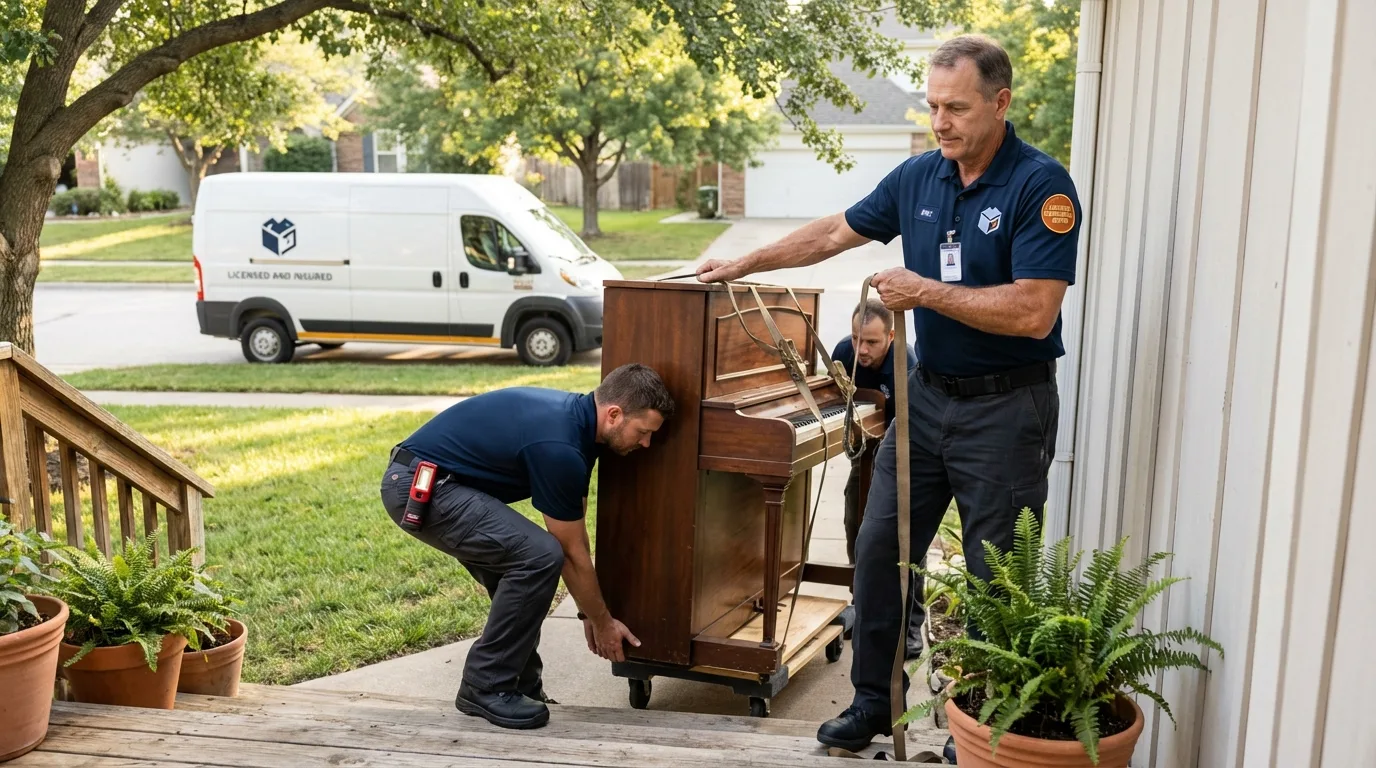 Licensed piano movers securing grand piano in Robesonia, PA