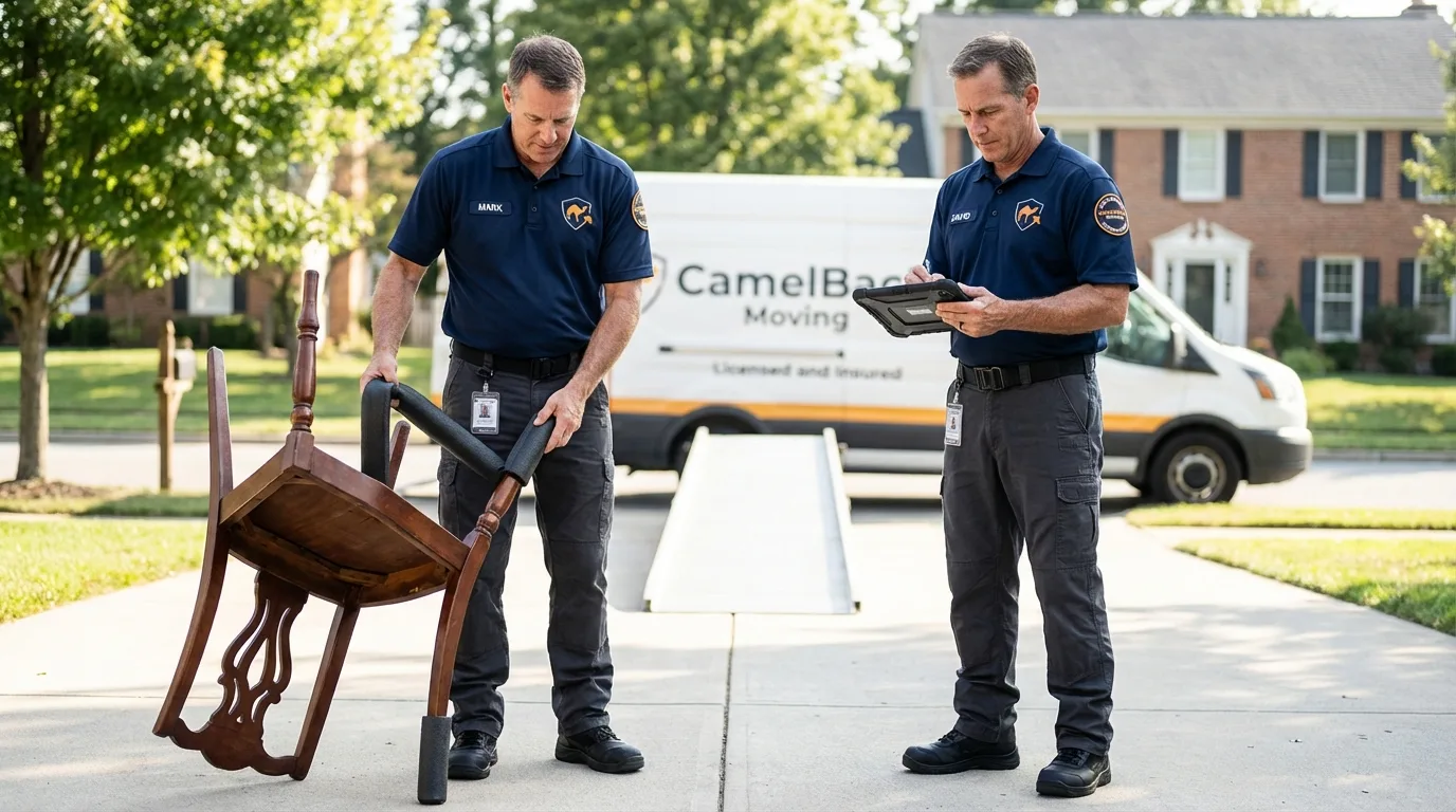 Movers inspecting furniture for damage prevention before loading in Robesonia, PA