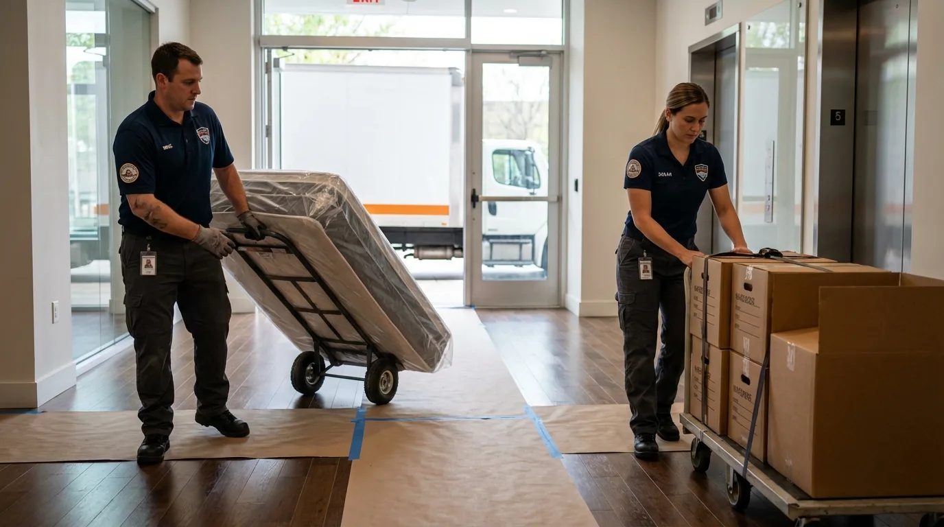 Professional apartment movers loading elevator in Robesonia, PA