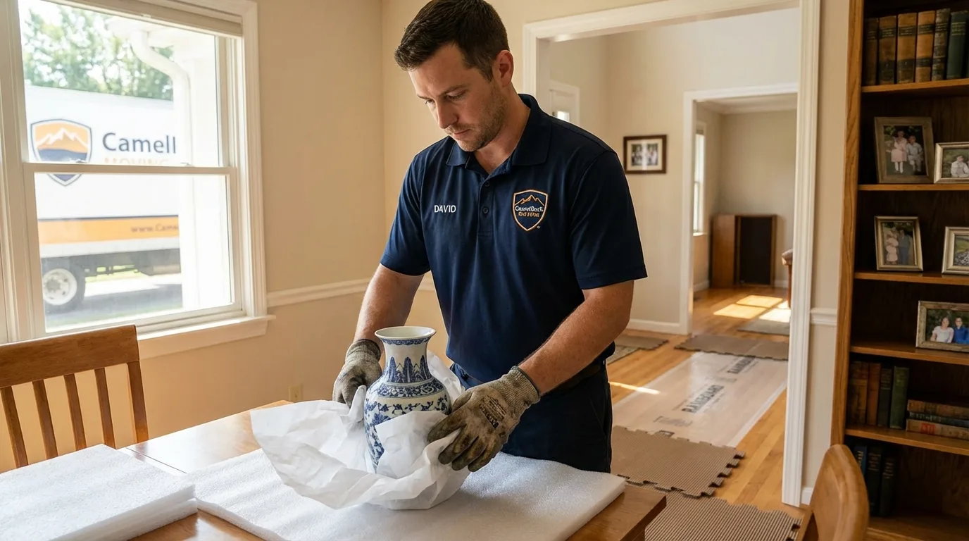 Professional crew carefully wrapping antique vase for senior downsizing move in Robesonia, PA
